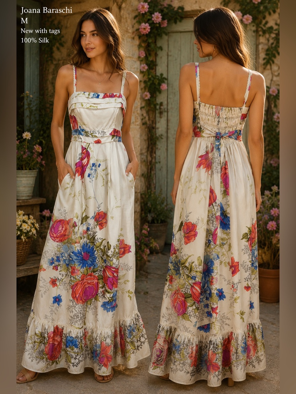 Joana Baraschi dress medium NEW maxi 100% Silk Romantic Cottagecore Floral ivory